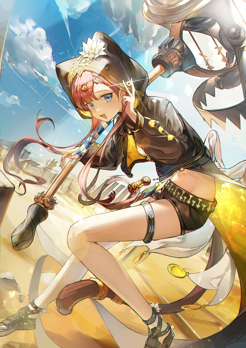 :d absurdres arknights between_fingers black_footwear black_jacket black_shorts blue_eyes brown_hair brown_tail chinese_commentary chromatic_aberration coin commentary_request day ear_piercing female flower full_body glint gold gold_coin groin guo_chan hammer head_chain highres holding holding_coin holding_hammer holding_weapon hood hood_up hooded_jacket infection_monitor_(arknights) jacket jewelry jumping light_particles long_hair long_sleeves looking_at_viewer midriff navel open_clothes open_jacket open_mouth outdoors pepe_(arknights) piercing sandals shorts smile solo tail tail_ornament tail_ring toeless_footwear two-sided_fabric two-sided_jacket v weapon white_flower yellow_jacket