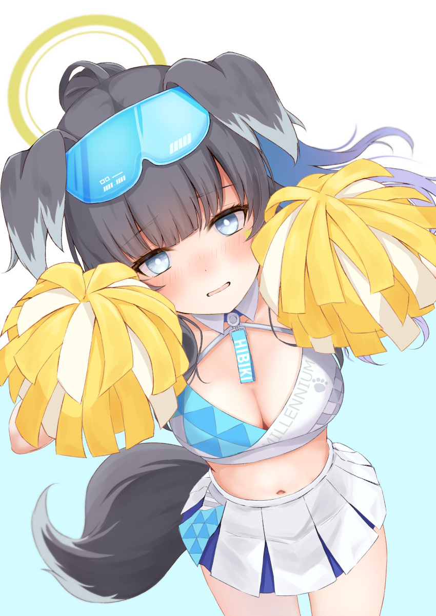 absurdres animal_ears blue-tinted_eyewear blue_archive blue_eyes blush breasts bright_pupils ca_paria cleavage commentary_request crop_top dog_ears dog_tail female goggles goggles_on_head halo hands_up hibiki_(blue_archive) hibiki_(cheer_squad)_(blue_archive) highres holding holding_pom_poms looking_at_viewer medium_breasts navel open_mouth paid_reward_available pom_pom_(cheerleading) ponytail simple_background skirt solo sports_bra stomach tail tinted_eyewear two-tone_skirt two-tone_sports_bra white_background white_pupils white_skirt yellow_halo