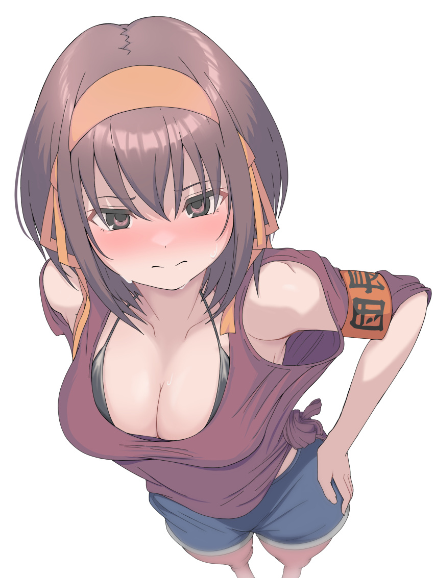 absurdres armband black_bra blue_shorts blush bra breasts brown_eyes brown_hair cleavage collarbone commentary_request female from_above hair_ribbon hairband hand_on_own_hip highres looking_at_viewer medium_breasts medium_hair nose_blush orange_hairband orange_ribbon rai_iceblast red_armband red_shirt ribbon shirt shorts simple_background solo suzumiya_haruhi suzumiya_haruhi_no_yuuutsu sweat tied_shirt underwear white_background