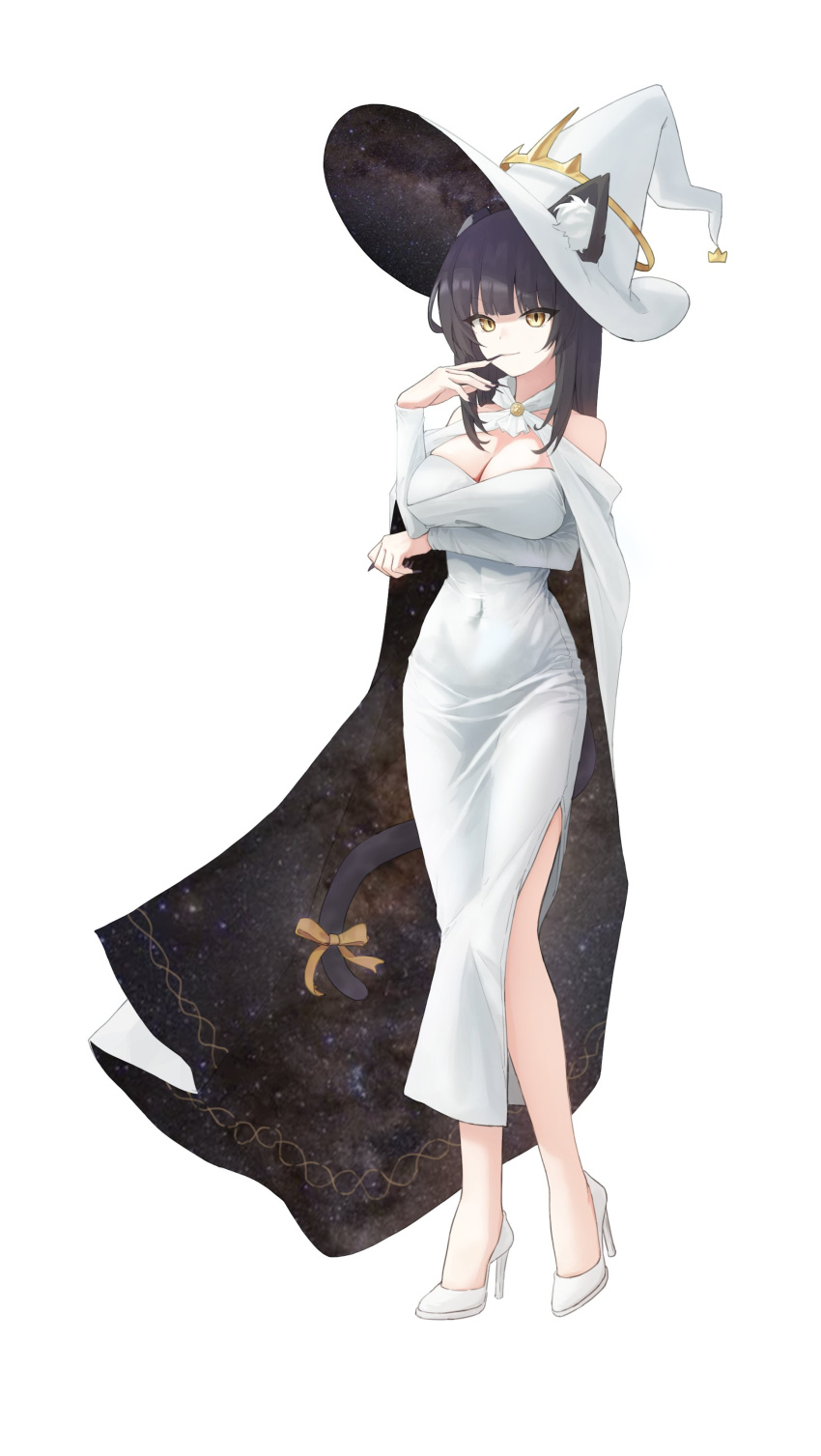 absurdres animal_ear_fluff animal_ears arm_under_breasts bare_shoulders black_hair black_nails bow breasts cape cat_ears cat_girl cat_tail cleavage closed_mouth collarbone detached_sleeves donggang17 dot_nose dress dress_slip female full_body galaxy hat high_heels highres large_breasts large_hat long_hair original shadow slit_pupils solo standing standing_on_one_leg tail tail_bow tail_ornament taut_clothes taut_dress white_background white_dress white_footwear white_sleeves witch_hat yellow_bow yellow_eyes