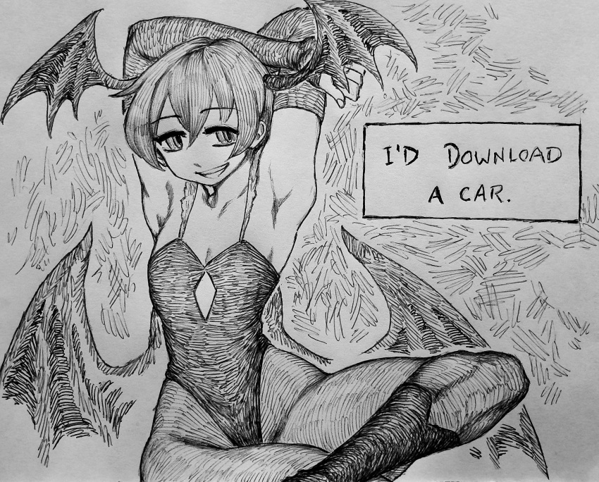 armpits chronozbergh collarbone female flat_chest greyscale grin head_wings highres leotard lilith_aensland meme monochrome pantyhose short_hair sitting smile solo teeth vampire_(game) wings you_wouldn't_download_a_car_(meme)