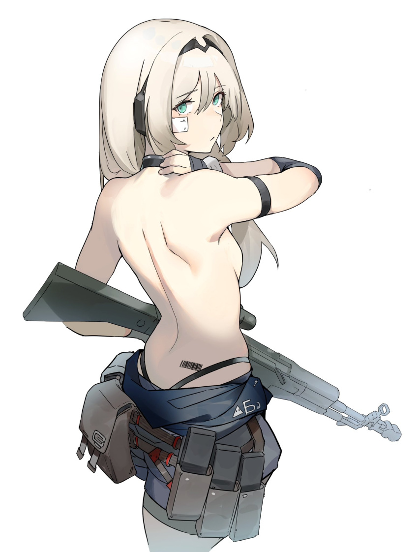 an-94 an-94_(girls'_frontline) aqua_eyes arm_strap assault_rifle bandaid bandaid_on_cheek bandaid_on_face barcode barcode_tattoo belt_pouch black_hairband blonde_hair closed_mouth coteri english_commentary female from_behind girls'_frontline gun hair_between_eyes hairband hand_on_own_neck hand_up highleg highleg_panties highres holding holding_gun holding_weapon long_hair looking_at_viewer looking_back panties pouch rifle simple_background skindentation solo tattoo topless underwear weapon white_background