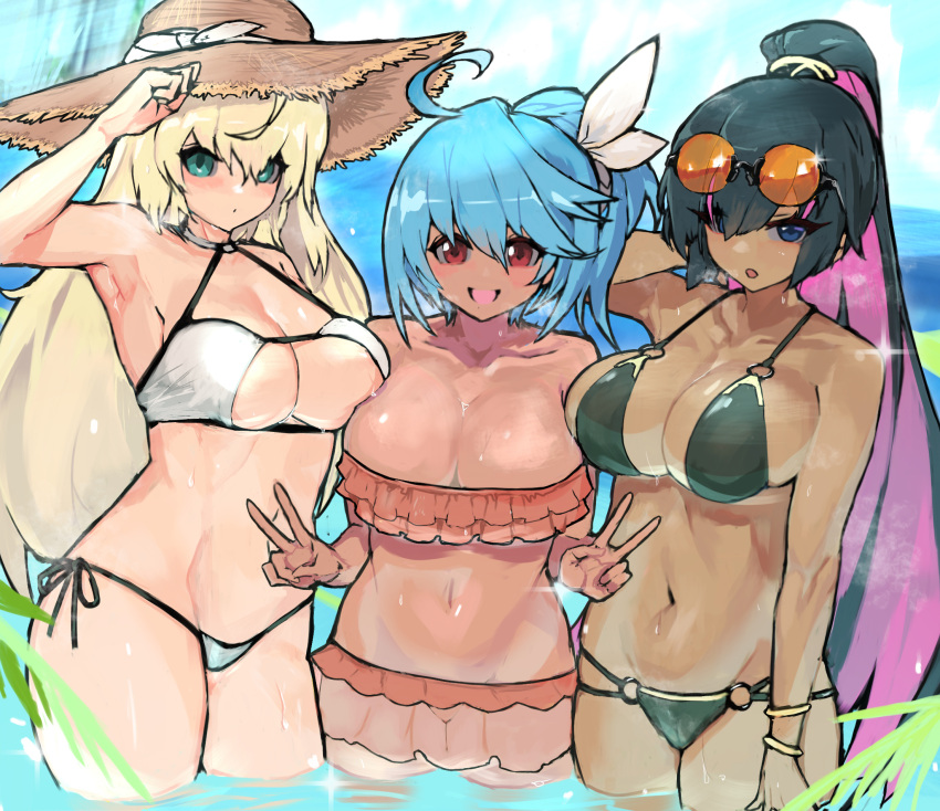 3girls aina_(pso2ngs) bad_id bad_pixiv_id bikini blonde_hair blue_eyes blue_hair blush breasts collarbone dark-skinned_female dark_skin double_v green_eyes groin hat high_ponytail highres large_breasts light_blue_hair long_hair manon_(pso2) medium_breasts medium_hair multicolored_hair multiple_girls nadereh_(pso2ngs) navel ocean partially_submerged phantasy_star phantasy_star_online_2 phantasy_star_online_2_new_genesis pink_hair red_eyes side_ponytail steaming_body sun_hat sweat swimsuit v very_long_hair vinushka wet