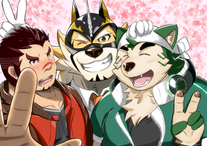 akashi anthro bandana blush canid canine canis domestic_dog felid fur gesture green_body green_fur group hand_gesture human kerchief lifewonders live_a_hero male mammal mask mokdai nazebesu_hobby pantherine pawpads ryekie_(live_a_hero) scar slightly_chubby superhero tiger v_sign