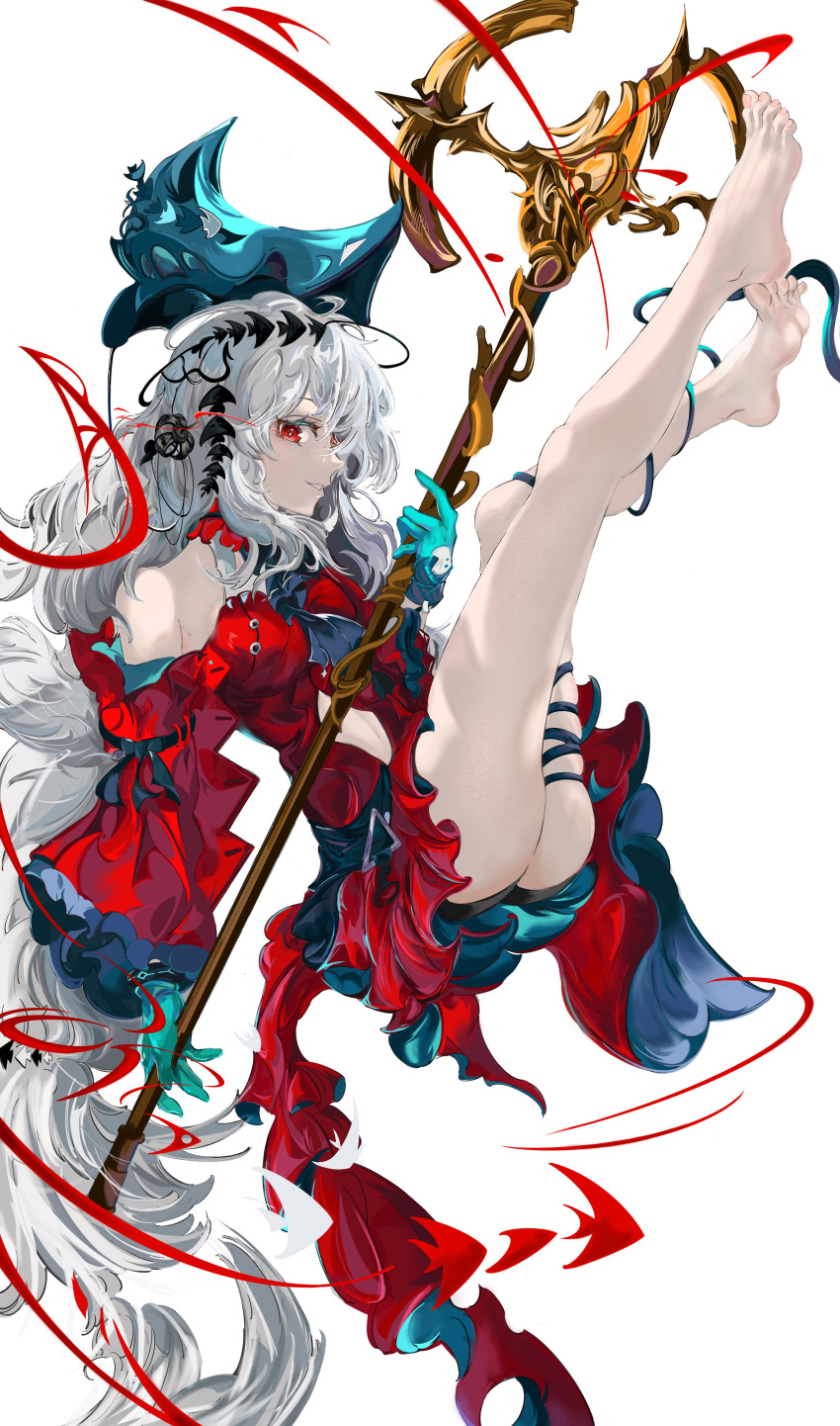 absurdres aqua_gloves arknights ascot bare_shoulders barefoot black_ascot breasts clothing_cutout detached_sleeves dress female full_body gloves grey_hair hair_between_eyes hat highres holding holding_staff leg_ribbon long_hair long_sleeves looking_at_viewer navel_cutout off-shoulder_dress off_shoulder pointy_hat red_dress red_eyes red_sleeves ribbon skadi_(arknights) skadi_the_corrupting_heart_(arknights) smile solo staff thighs threat_(pixiv58804205) very_long_hair