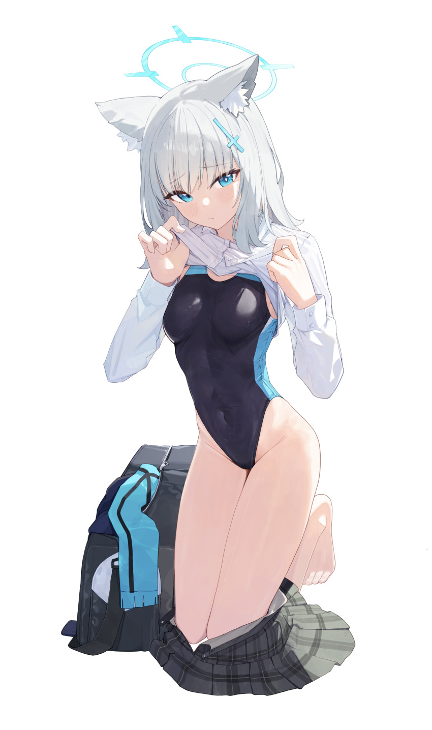 animal_ear_fluff animal_ears bag black_one-piece_swimsuit blue_archive blue_eyes blue_halo blue_scarf blush breasts clothes_lift clothes_pull collared_shirt covered_navel cross_hair_ornament duffel_bag female full_body furrowed_brow grey_hair grey_skirt groin hair_ornament halo hands_up highleg highleg_one-piece_swimsuit highres kneeling lifting_own_clothes long_sleeves looking_at_viewer medium_hair mismatched_pupils ningen_gokko official_alternate_costume one-piece_swimsuit plaid_clothes plaid_skirt scarf shiroko_(blue_archive) shiroko_(swimsuit)_(blue_archive) shirt shirt_lift skirt skirt_pull small_breasts solo swimsuit swimsuit_under_clothes two-tone_swimsuit white_background white_shirt wolf_ears wrist_cuffs