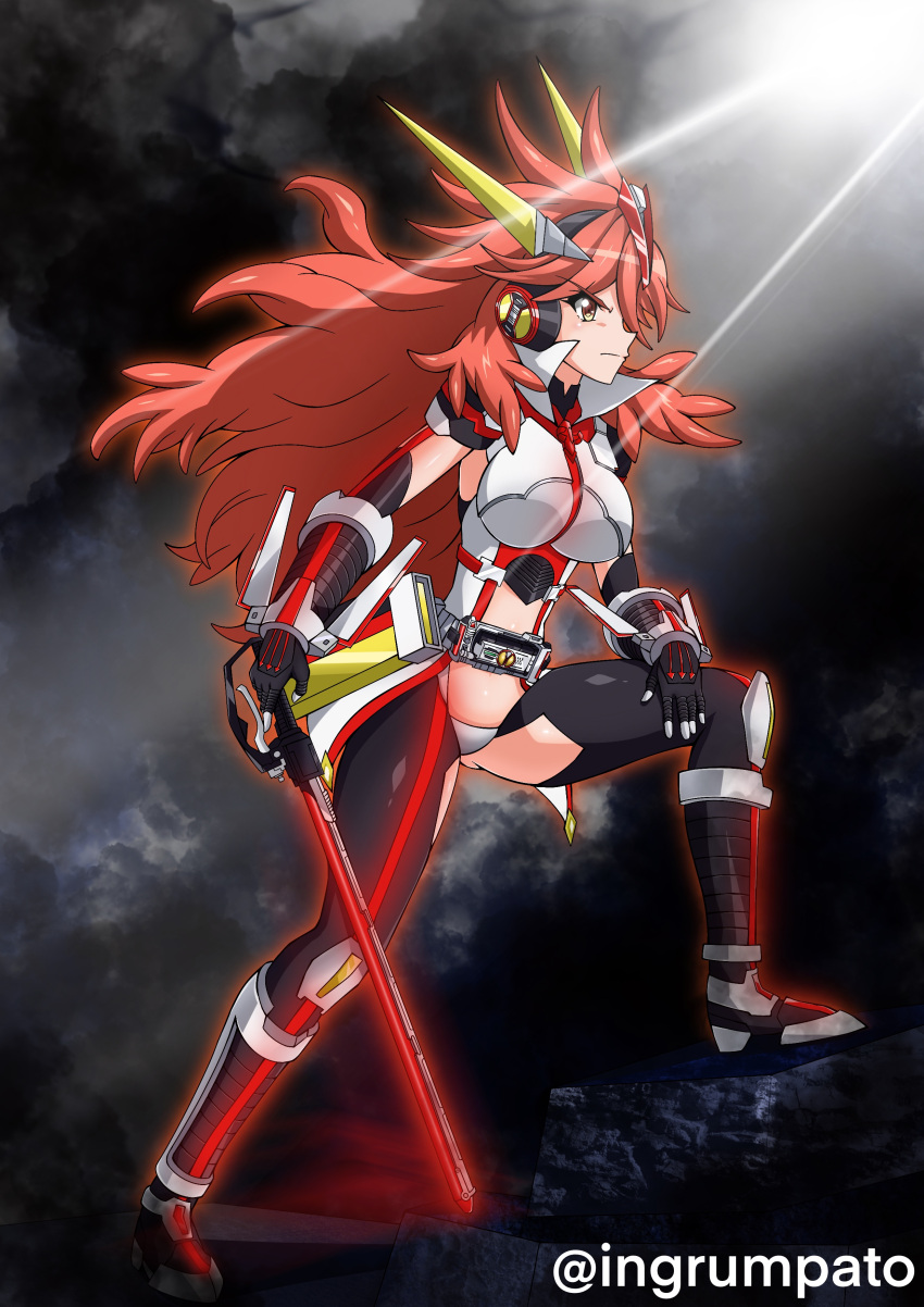 absurdres amou_kanade blush bodysuit breasts closed_mouth cloud cloudy_sky female highres holding holding_weapon kyomeihibiki large_breasts long_hair outdoors red_hair senki_zesshou_symphogear sky solo sword weapon yellow_eyes