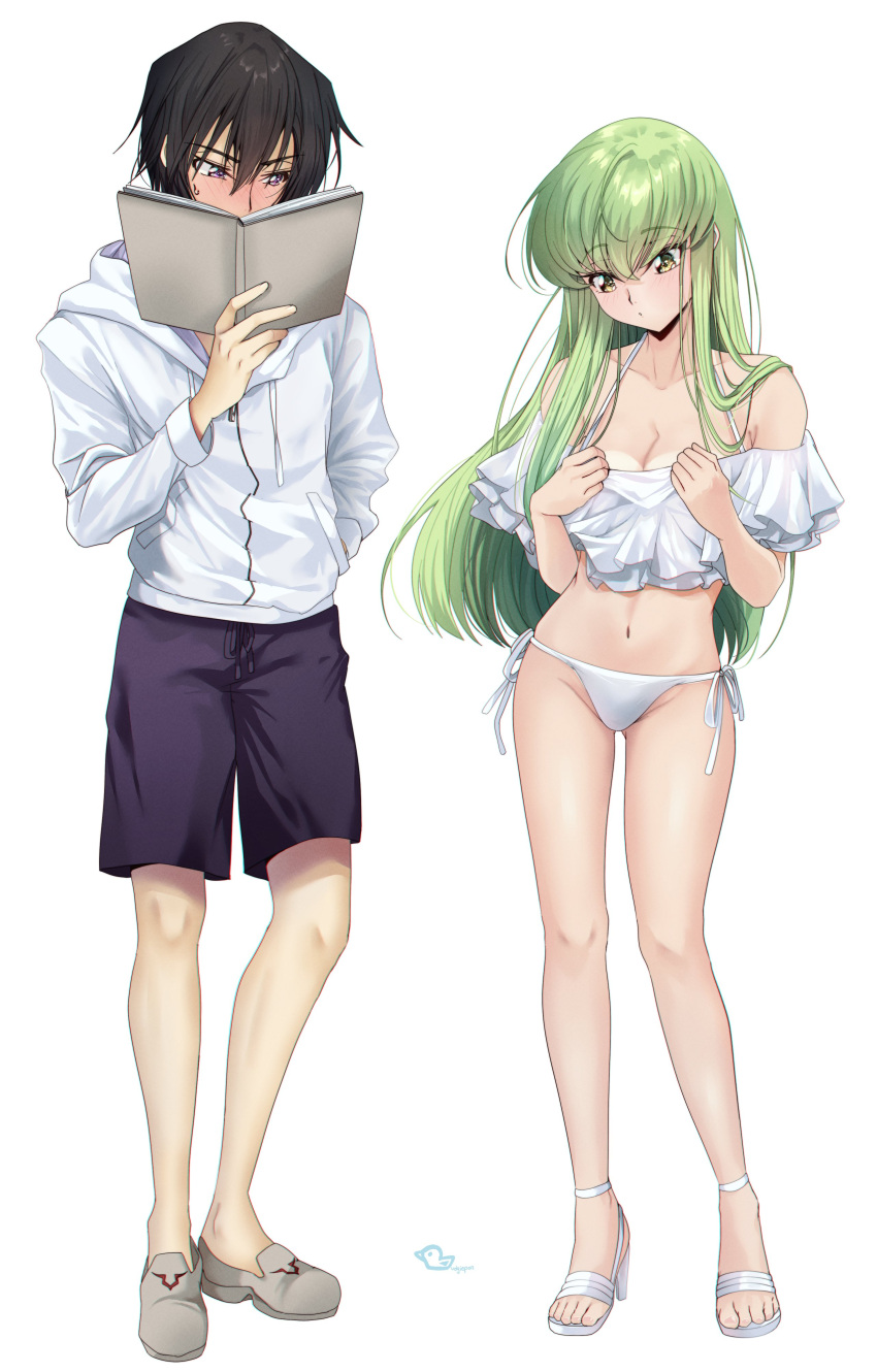 1boy absurdres armpit_crease artist_name bare_legs bare_shoulders bikini black_hair blush book breasts budgiepon c.c. cleavage code_geass collarbone covered_mouth curvy embarrassed eyes_visible_through_hair female frilled_bikini frills full-face_blush full_body green_hair groin hair_between_eyes hair_over_shoulder halterneck hand_in_pocket highres holding holding_book hood hood_down hoodie lelouch_vi_britannia long_hair long_sleeves looking_at_another looking_at_breasts looking_down male_swimwear medium_breasts navel no_socks nose_blush off-shoulder_bikini off_shoulder open_book parted_lips purple_eyes sandals shoes short_hair side-by-side side-tie_bikini_bottom sidelocks simple_background standing straight straight_hair sweatdrop swim_trunks swimsuit tachi-e thighs toenails toes tsurime very_long_hair white_background white_bikini white_footwear white_hoodie yellow_eyes