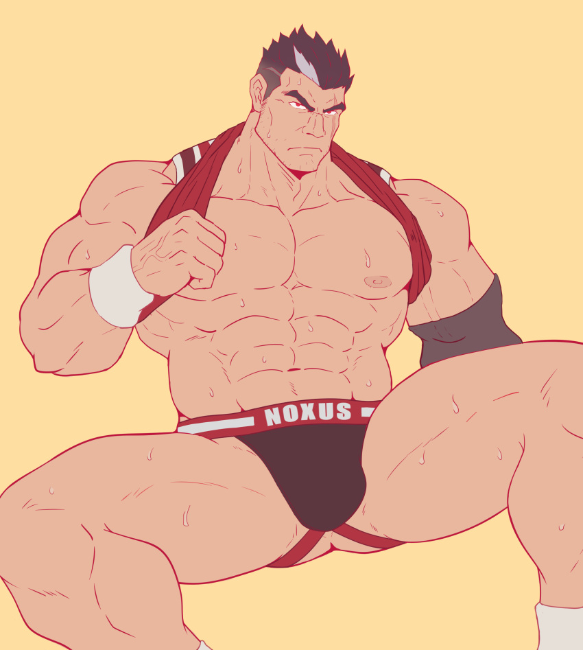 1boy abs absurdres ass_visible_through_thighs bara biceps black_hair bracelet bulge clothes_lift darius_(league_of_legends) dunkmaster_darius elbow_gloves gloves highres jewelry jockstrap kagemaru_(kagemaru321) large_pectorals league_of_legends looking_at_viewer male_focus male_underwear manly mature_male multicolored_hair muscular muscular_male nipples official_alternate_costume pectorals red_eyes shirt_lift short_hair solo spiked_hair spread_legs sweat sweatdrop tank_top thick_arms thick_eyebrows thick_thighs thighs underwear veins white_hair yellow_background