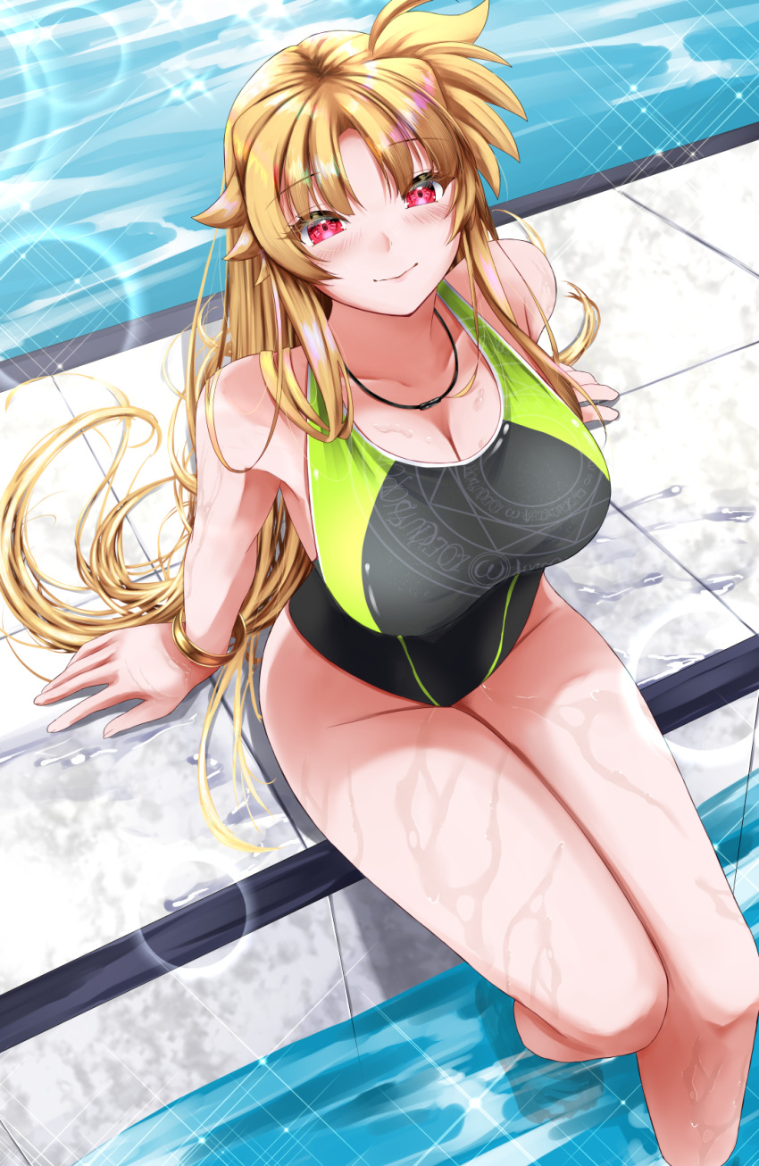 blonde_hair bracelet breasts cleavage closed_mouth commentary_request fate_testarossa female highres jewelry large_breasts long_hair looking_at_viewer lyrical_nanoha mahou_shoujo_lyrical_nanoha_strikers red_eyes sitting smile solo sougetsu_izuki swimsuit water