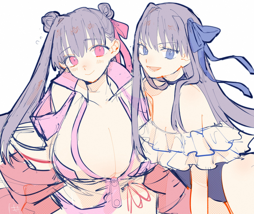 2girls absurdres bare_shoulders blue_eyes blue_ribbon blush breasts cleavage fate/grand_order fate_(series) flat_chest hair_ribbon highres huge_breasts meltryllis_(fate) meltryllis_(swimsuit_lancer)_(fate) meltryllis_(swimsuit_lancer)_(second_ascension)_(fate) multiple_girls one-piece_swimsuit passionlip_(fate) pink_eyes pink_ribbon purple_hair ribbon siblings sisters smile swimsuit urtk07