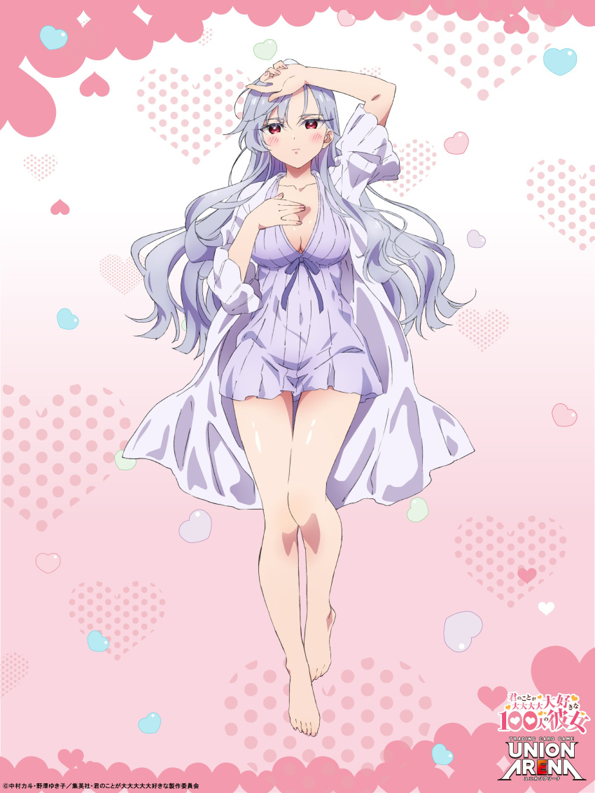 absurdres breasts cleavage eiai_nano feet female grey_hair hand_on_own_chest highres kimi_no_koto_ga_dai_dai_dai_dai_daisuki_na_100-nin_no_kanojo light_blush looking_at_viewer official_art official_wallpaper red_eyes short_bangs sleepwear yano_akane