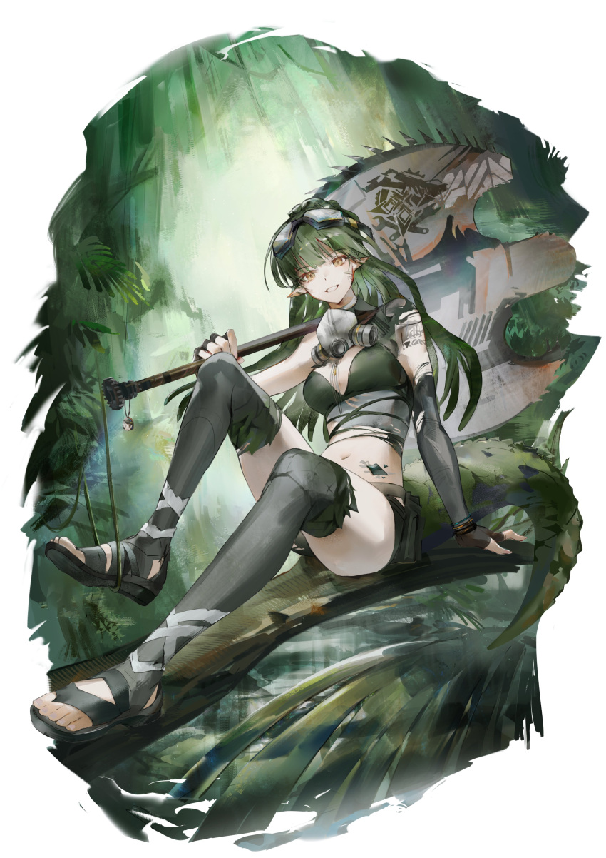 absurdres arknights bikini black_footwear black_gloves black_thighhighs breasts chainsaw commentary crocodilian_tail dreadlocks elbow_gloves english_commentary female fingerless_gloves forest full_body gavial_(arknights) gavial_the_invincible_(arknights) gloves goggles goggles_on_head green_bikini green_hair grin highres long_hair looking_at_viewer mask mask_around_neck material_growth medium_breasts mixed-language_commentary nature navel official_alternate_costume oripathy_lesion_(arknights) over_shoulder pointy_ears respirator sandals sitting smile solo stomach stomach_tattoo swimsuit tail tattoo thighhighs torn_clothes torn_gloves torn_thighhighs uyuu_(hirameki) weapon weapon_over_shoulder wristband yellow_eyes