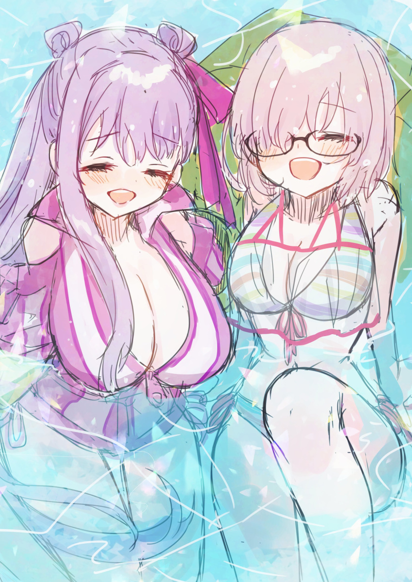 2girls absurdres bikini blush breasts closed_eyes commentary_request fate/grand_order fate_(series) glasses hair_over_one_eye hair_ribbon harukappa highres huge_breasts long_hair mash_kyrielight mash_kyrielight_(swimsuit_of_perpetual_summer_ver.02) medium_hair multiple_girls open_mouth partially_submerged passionlip_(fate) pink_ribbon purple_hair ribbon smile striped_bikini striped_clothes swimsuit water