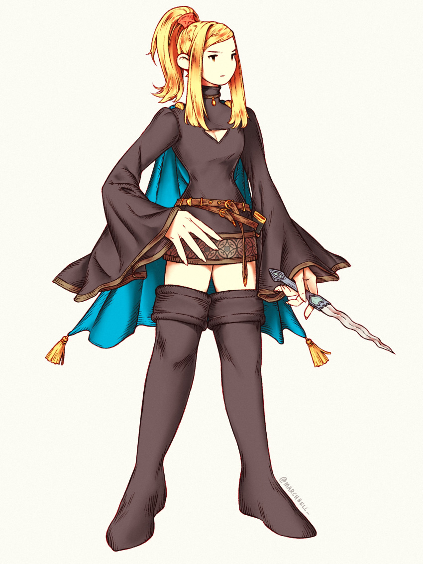 absurdres belt blonde_hair blue_cape boots breasts cape cleavage dagger female final_fantasy final_fantasy_tactics full_body hair_ornament hand_on_own_hip highres holding holding_weapon knife marchbell medium_breasts medium_hair ponytail solo twitter_username valmafra_lenande weapon