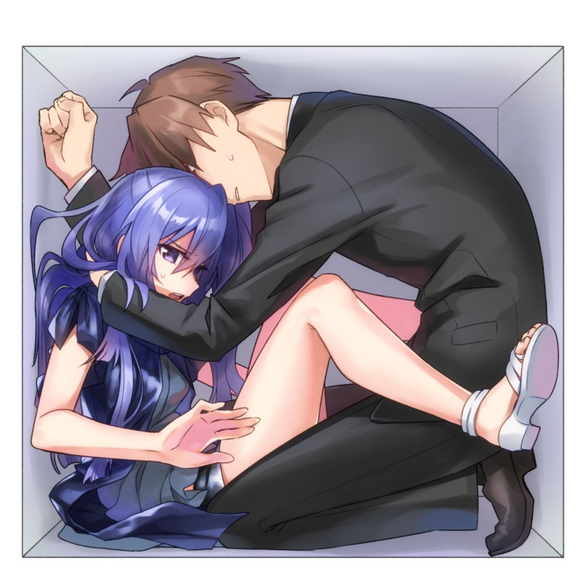 1boy bare_legs black_suit blue_hair box brown_hair commentary_request female formal high_heels highres kazanari_tsubasa kneeling lanlanlap legs legs_up long_hair ogawa_shinji_(symphogear) one_side_up purple_eyes sandals senki_zesshou_symphogear short_hair suit sweatdrop