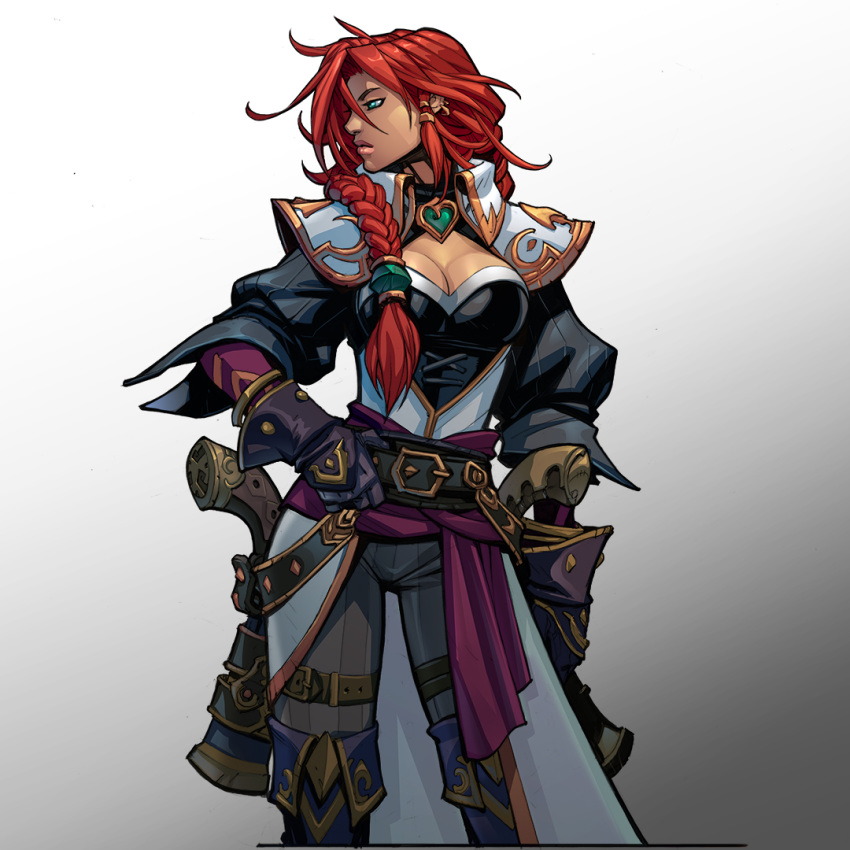 braid braided_ponytail breasts captain_fortune cleavage cowboy_shot female gloves gradient_background green_eyes gun handgun large_breasts league_of_legends miss_fortune_(league_of_legends) official_art pirate_costume promotional_art red_hair ruined_king:_a_league_of_legends_story weapon