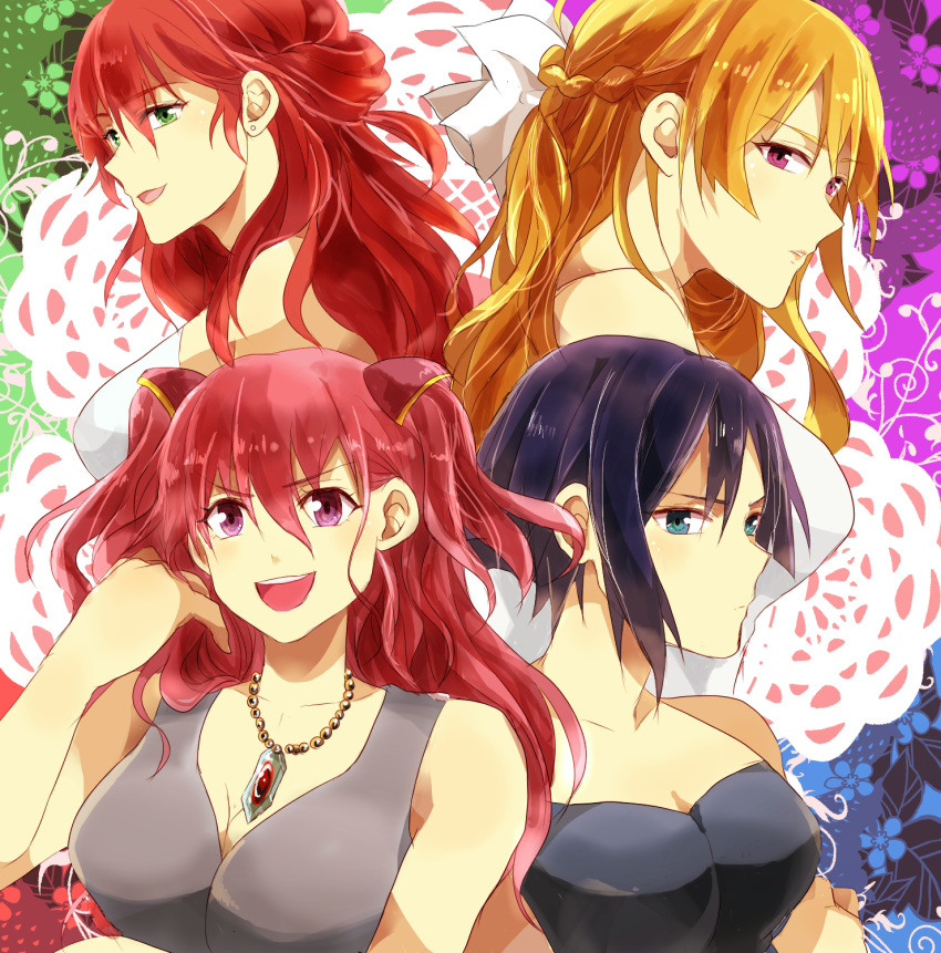 4girls bare_shoulders blonde_hair blue_hair breasts charlotte_shalzen collarbone green_eyes highres hiiragi_akira_(valkyrie_drive_-mermaid-) jewelry large_breasts looking_at_viewer multiple_girls mw_rkgk necklace pink_hair red_eyes red_hair shigure_kasumi shikishima_mirei tokonome_mamori valkyrie_drive valkyrie_drive_-mermaid-