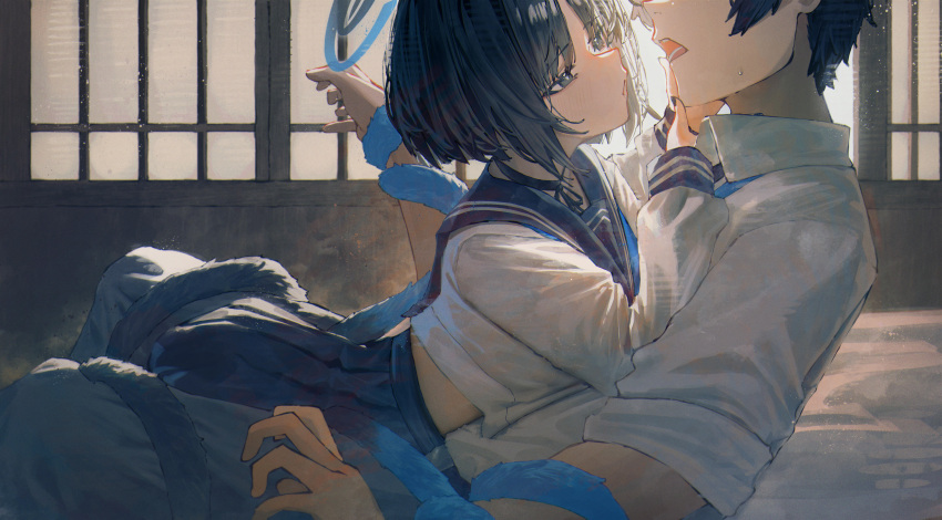 1boy absurdres betabeet black_hair blue_archive blue_halo blue_sailor_collar blue_skirt cat_girl cat_tail collared_shirt commentary cowgirl_position cropped_head female halo highres kikyou_(blue_archive) midriff multiple_tails open_mouth sailor_collar sensei_(blue_archive) shirt shouji skirt sleeves_rolled_up sliding_doors tail tail_wrap two_tails white_shirt