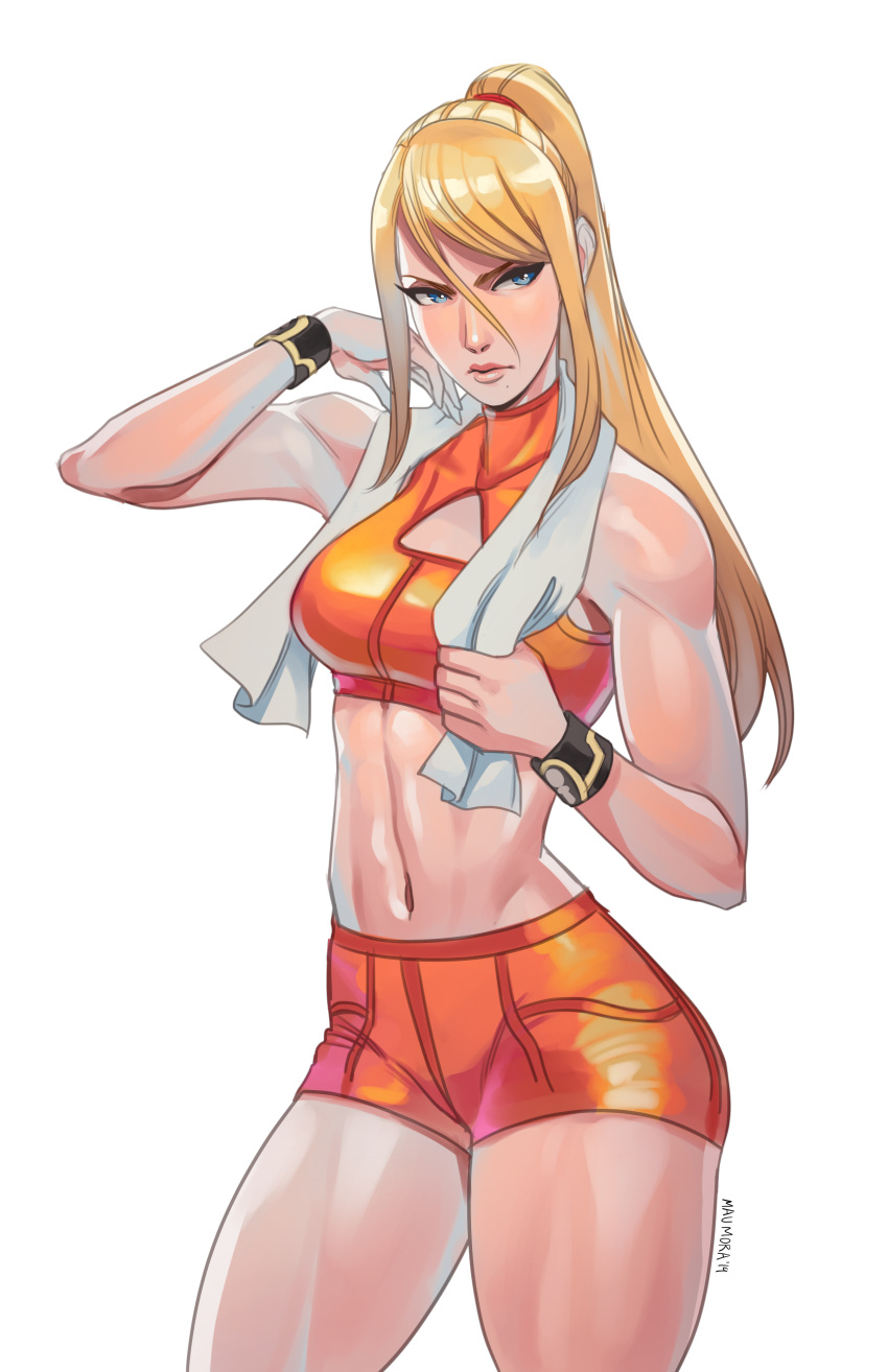 absurdres blonde_hair blue_eyes clothing_cutout cowboy_shot crop_top female hair_between_eyes hair_tie highres holding holding_towel lips long_hair looking_to_the_side mauricio_mora metroid midriff navel orange_shorts orange_tank_top ponytail samus_aran shorts sidelocks solo super_smash_bros. swept_bangs tank_top thighs toned toned_female towel towel_around_neck white_background wristband