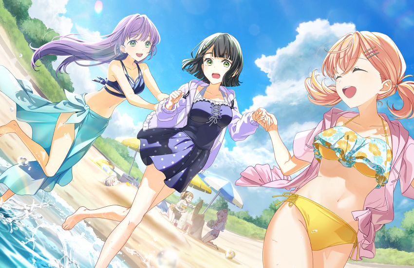 6+girls :d ^_^ barefoot beach beach_umbrella bikini black_hair black_one-piece_swimsuit blonde_hair blue_bikini blue_hair blue_sarong blue_sky blunt_bangs bob_cut breasts brown_hair casual_one-piece_swimsuit center-flap_bangs cerise_bouquet cleavage closed_eyes cloud collarbone cowboy_shot cross-laced_clothes cross-laced_one-piece_swimsuit crossed_bangs day dutch_angle fisheye flipped_hair floral_print foot_out_of_frame frilled_bikini frilled_jacket frilled_one-piece_swimsuit frills game_cg gradient_hair green_eyes grey_hair hair_bun hair_down hair_ornament hairclip highres hinoshita_kaho holding_hands hood hooded_jacket inverted_bob jacket jacket_over_swimsuit kachimachi_kosuzu kneeling leg_up light_blue_hair link!_like!_love_live! lone_nape_hair long_hair long_sleeves love_live! low_twintails lying medium_breasts medium_hair midriff mismatched_bikini momose_ginko multicolored_hair multiple_girls navel official_alternate_costume official_alternate_hairstyle official_art on_back one-piece_swimsuit open_clothes open_jacket open_mouth orange_hair osawa_rurino otomune_kozue outdoors partially_buried pink_jacket ponytail print_bikini puffy_long_sleeves puffy_sleeves pulling purple_hair purple_jacket pushing red_hair running sand_castle sand_sculpture sarong short-sleeved_jacket short_hair short_sleeves sidelocks single_hair_bun sky smile streaked_hair swimsuit swimsuit_skirt teeth third-party_source twintails umbrella upper_teeth_only virtual_youtuber wading white_bikini white_jacket yellow_bikini yugiri_tsuzuri