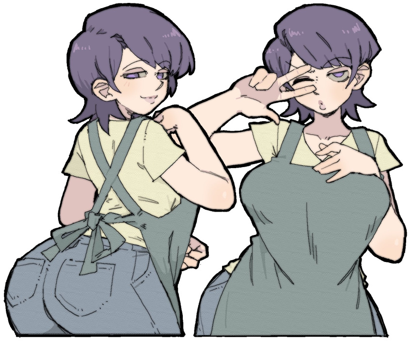 apron ass ass_focus denim female green_apron highres jeans komi-san_wa_komyushou_desu komi_shuuko mature_female multiple_views pants pantsu-ripper purple_eyes purple_hair shirt short_hair v_over_eye yellow_shirt