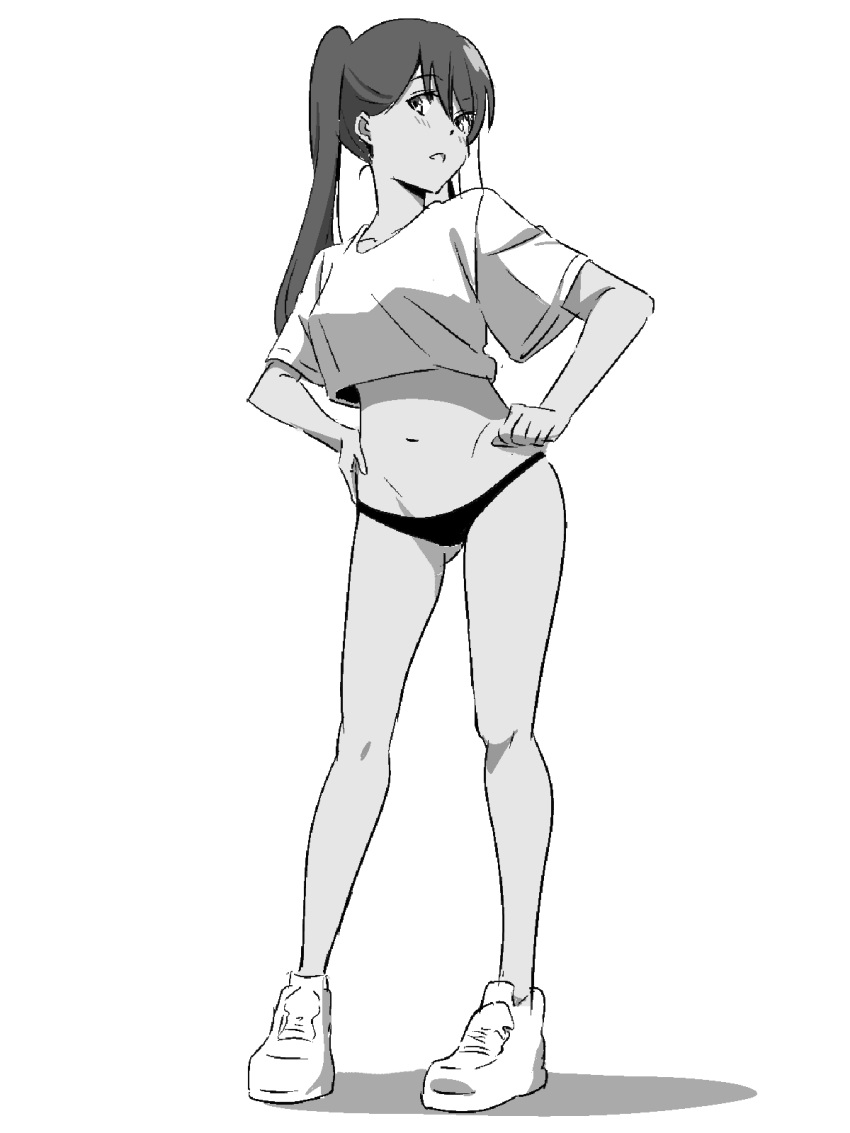 bikini bikini_bottom_only crop_top cropped_shirt female full_body greyscale hands_on_own_hips hide12862152 highres long_hair looking_at_viewer monochrome navel original parted_lips shadow shoes side_ponytail simple_background sneakers solo standing swimsuit