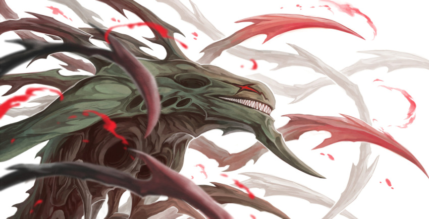 black_skin blood blood_on_body bolt0002 claws colored_skin cross-shaped_pupils from_side green_skin looking_to_the_side magic:_the_gathering monster no_humans phyrexian_obliterator red_eyes sharp_teeth simple_background solid_eyes solo spikes symbol-shaped_pupils teeth white_background