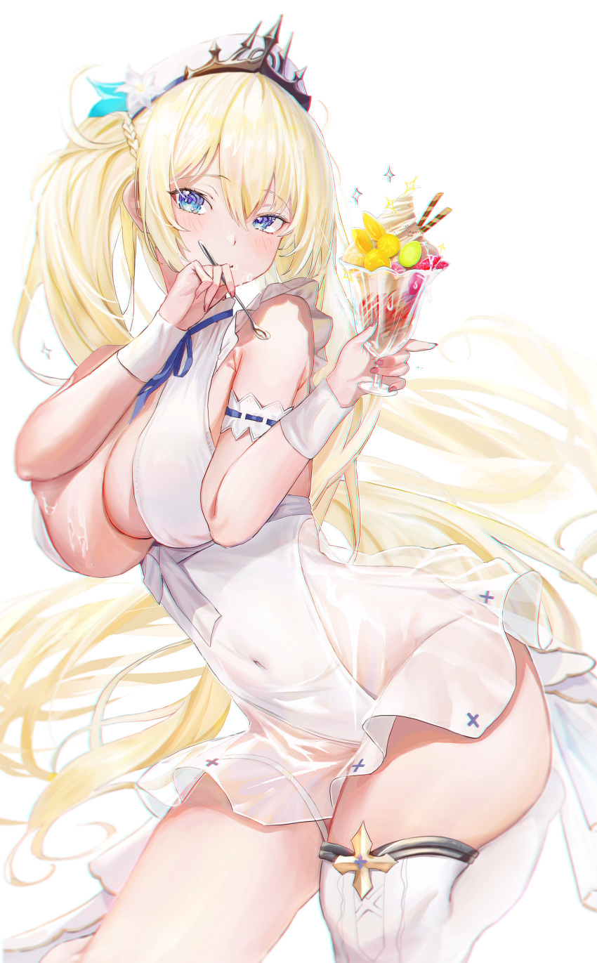 absurdres azur_lane bare_shoulders black_tiara blonde_hair blue_eyes breasts covered_navel cream_on_breasts detached_sleeves dress female flower hair_between_eyes hat highres holding holding_spoon huge_breasts leotard long_hair looking_at_viewer microdress navel official_alternate_costume painleve_(azur_lane) painleve_(fresh_and_fortunate)_(azur_lane) pannko6216 parfait see-through see-through_dress simple_background solo spoon strawberry_parfait suggestive_fluid thighhighs tiara very_long_hair wafer_stick white_background white_beret white_dress white_flower white_hat white_leotard white_thighhighs