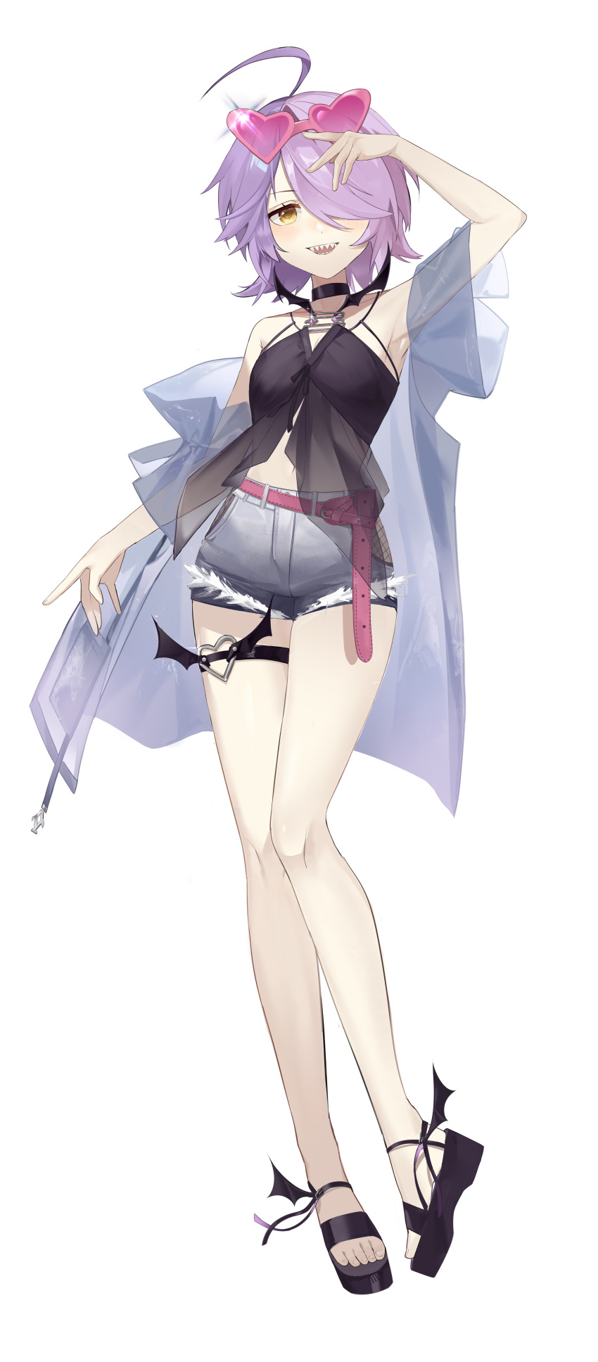 :d absurdres ahoge arm_up armpits belt benghuai_xueyuan black_shirt casual denim denim_shorts eyewear_on_head female full_body hair_over_one_eye highres honkai_(series) jacket looking_at_viewer multicolored_hair open_mouth pink_hair purple_hair purple_jacket sandals see-through see-through_jacket sharp_teeth shirt short_hair shorts simple_background sin_mal sin_mal0909 sleeveless sleeveless_shirt smile solo teeth thigh_strap toes two-tone_hair white_background yellow_background