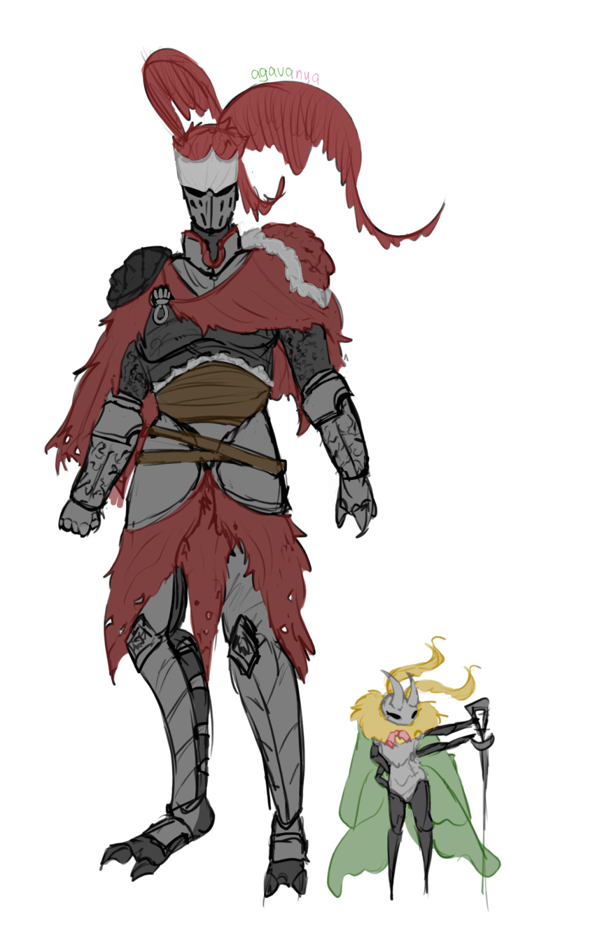 2024 4_hands agavanya anthro armor arthropod digital_media_(artwork) duo feather_horned female green_wings hair hi_res hollow_knight insects knight lepidopteran male male/female moth multi_hand red_hair saturniid team_cherry warrior wings