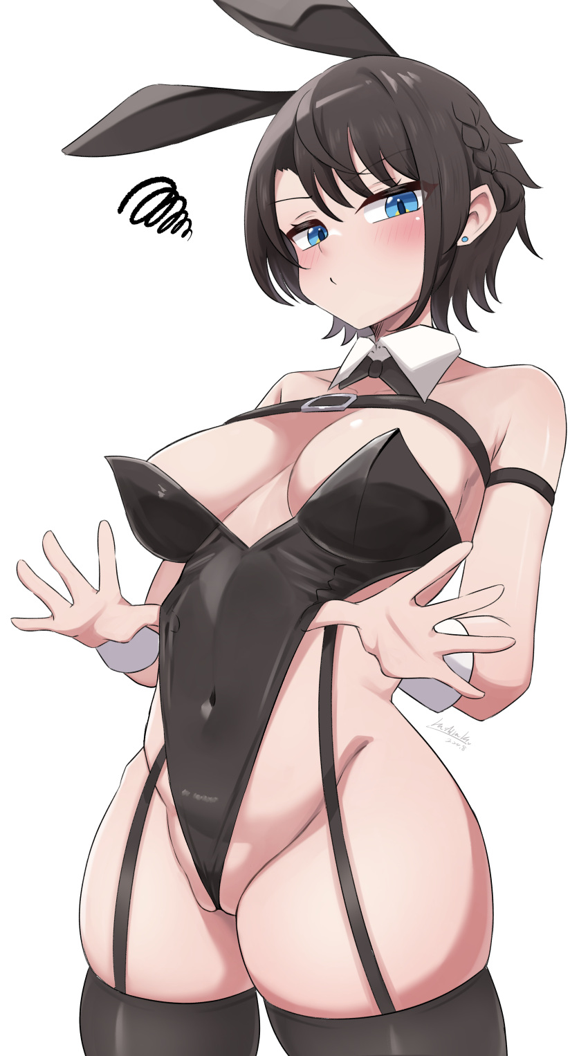 absurdres animal_ears black_garter_straps black_leotard black_thighhighs blue_eyes blush breasts brown_hair cleft_of_venus covered_navel fake_animal_ears female garter_straps hashira_14 highres hololive large_breasts leotard looking_at_viewer oozora_subaru playboy_bunny rabbit_ears strapless strapless_leotard thighhighs virtual_youtuber white_background white_wrist_cuffs wrist_cuffs