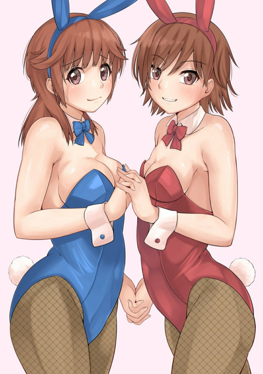 amagami animal_ears blue_bow blue_bowtie blue_leotard bow bowtie breasts brown_eyes brown_hair brown_pantyhose cleavage detached_collar fake_animal_ears fishnet_pantyhose fishnets highres holding_hands itou_kanae_(amagami) jishaku_(user_rcuz2843) leotard medium_breasts pantyhose playboy_bunny rabbit_ears rabbit_tail red_bow red_bowtie red_leotard sakurai_rihoko short_hair small_breasts strapless strapless_leotard tail wrist_cuffs