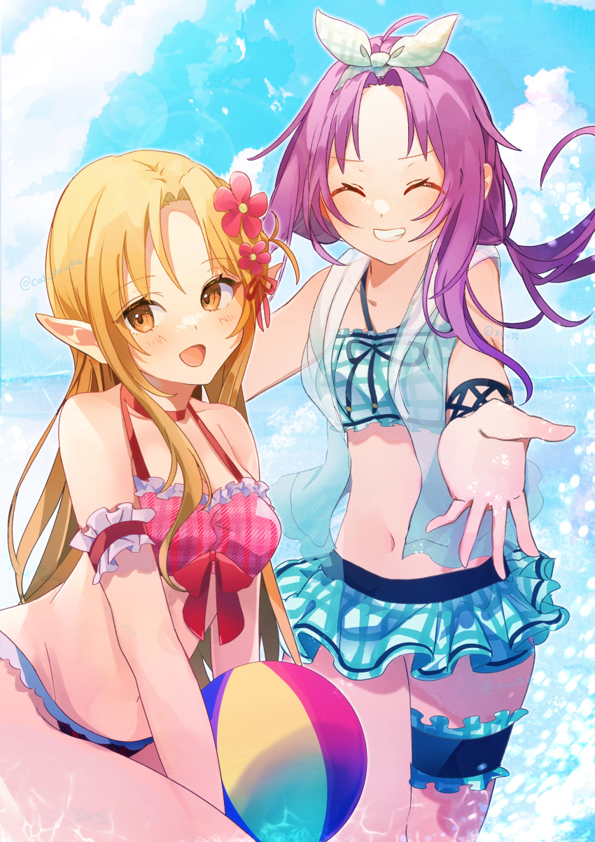 2girls :d absurdres arm_garter arm_strap artist_name asuna_(sao) ball beachball bikini blue_bikini blue_sky blush bow bow_bikini breasts bridal_garter brown_eyes checkered_bikini checkered_clothes closed_eyes cloud cloudy_sky collarbone commentary_request cowboy_shot day elf facing_another forehead frilled_bikini frills grin hair_ornament headband highres holding holding_ball holding_beachball light_brown_hair long_hair long_pointy_ears looking_at_viewer medium_breasts medium_hair multiple_girls navel open_mouth outdoors plaid_bikini plaid_clothes pointy_ears purple_hair red_bikini red_bow sky small_breasts smile stomach swimsuit sword_art_online titania_(sao) twitter_username wading white_headband yuuka0922 yuuki_(sao)