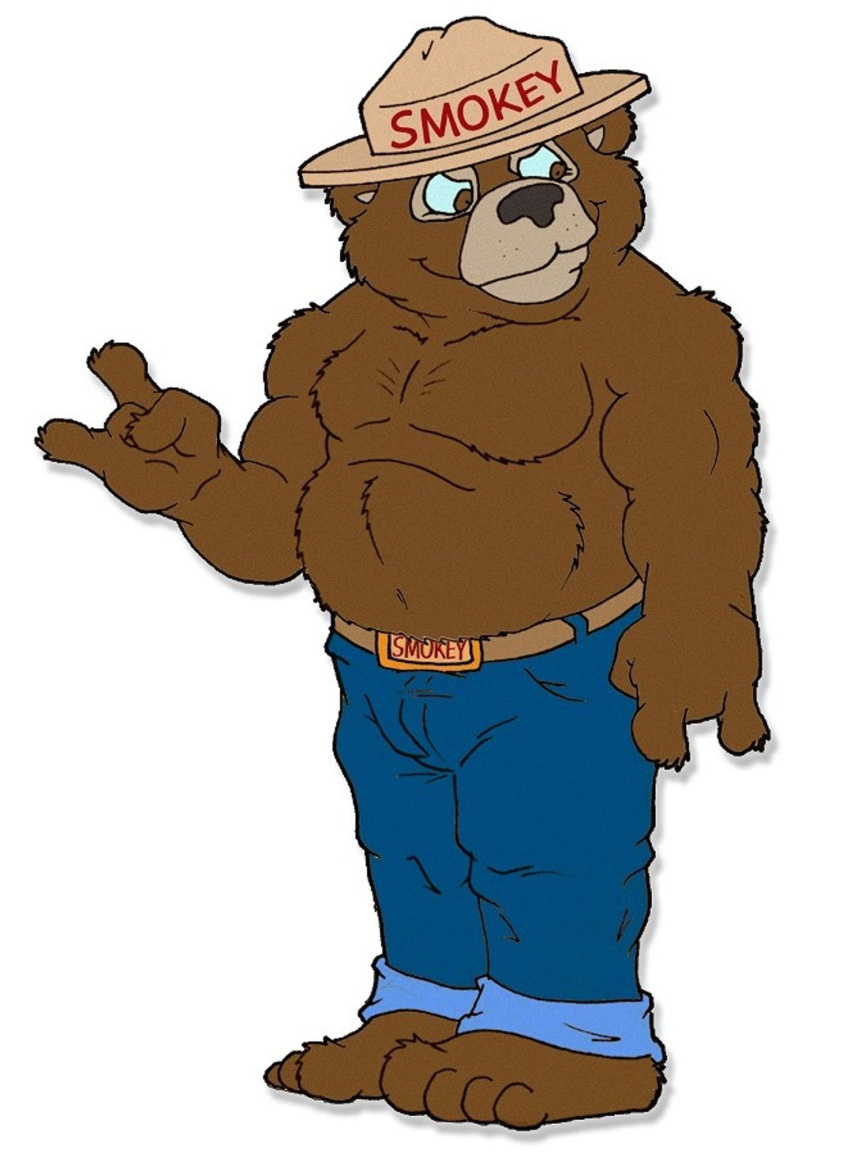 anthro barefoot bear belt black_nose blue_bottomwear blue_clothing blue_jeans blue_pants blue_sclera bottomwear brown_belt brown_eyes brucebadger character_name clothed clothing denim denim_bottomwear denim_clothing feet hi_res jeans male mammal musclegut muscular muscular_male pants red_text simple_background smile smokey_bear solo text topless topless_male united_states_forest_service white_background