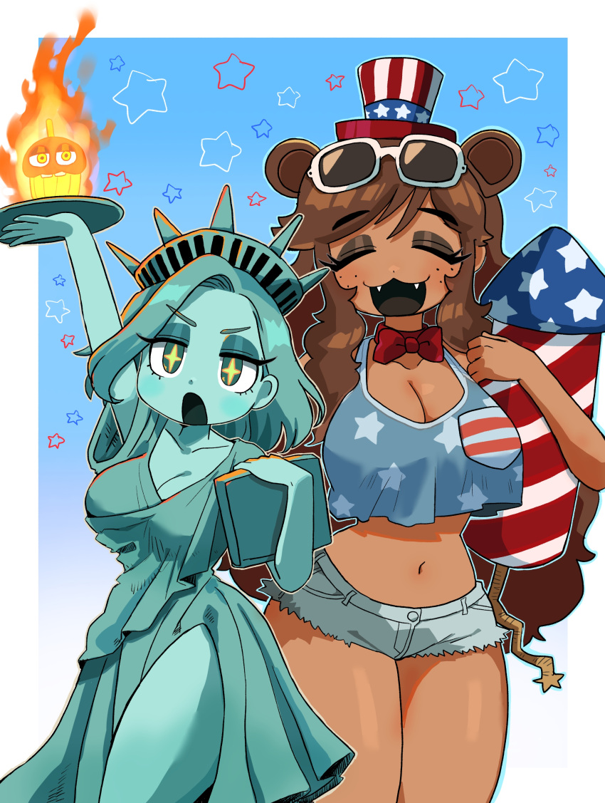 2girls absurdres american_flag animal_ears bear_ears bear_girl breasts brown_hair chica cleavage commentary_request cosplay cupcake_(fnaf) dark-skinned_female dark_skin extra_ears five_nights_at_freddy's five_nights_at_freddy's_1 freddy_fazbear genderswap_(mtf) highres holding humanization large_breasts long_hair midriff minami_(mnm-kyk) multiple_girls navel rule_63 short_shorts shorts statue_of_liberty