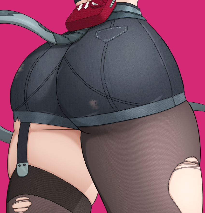 absurdres ass ass_focus black_pantyhose black_shorts black_thighhighs commentary_request female highres huge_ass jane_doe_(zenless_zone_zero) lower_body midriff mouse_girl mouse_tail pantyhose red_background ryusei short_shorts shorts simple_background single_leg_pantyhose single_thighhigh skindentation solo tail thick_thighs thighhighs thighs torn_clothes torn_pantyhose torn_thighhighs zenless_zone_zero