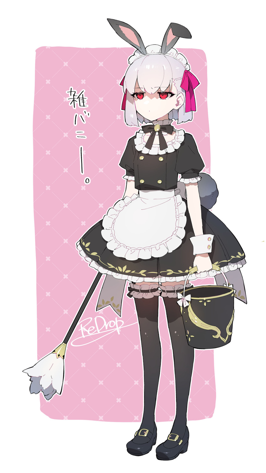 absurdres alternate_costume animal_ears apron black_dress black_thighhighs breasts brooch bucket buttons choker collarbone double-breasted dress duster enmaided fake_animal_ears fate/grand_order fate/grand_order_arcade fate_(series) feather_duster female frilled_choker frills full_body hair_ribbon highres jewelry kama_(fate) kama_(mistake)_(fate) kama_(mistake)_(second_ascension)_(fate) maid maid_headdress puffy_short_sleeves puffy_sleeves rabbit_ears red_eyes redrop ribbon short_hair short_sleeves small_breasts solo thighhighs translation_request waist_apron white_apron white_hair wrist_cuffs