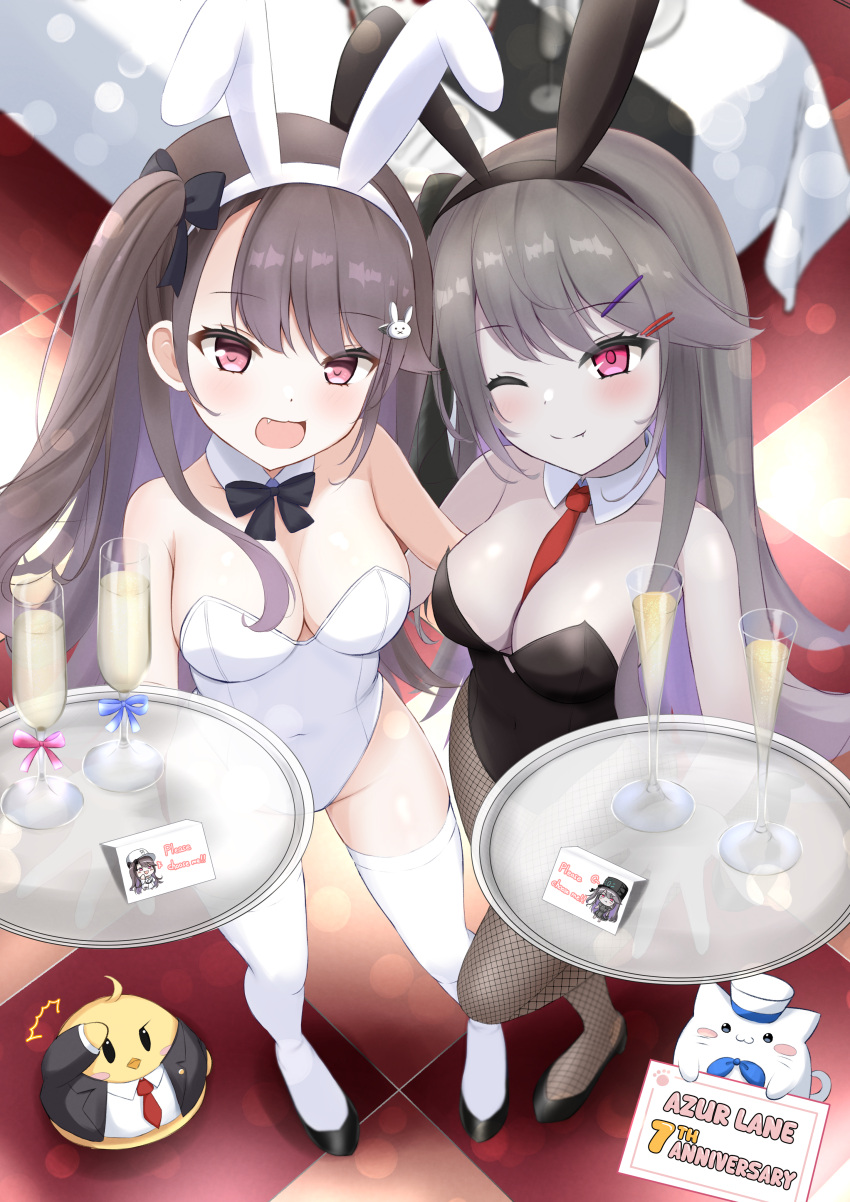 2girls :d absurdres alternate_breast_size animal_ears anniversary arm_around_back azur_lane bare_shoulders between_breasts black_bow black_bowtie black_leotard blush bow bowtie breasts brown_hair bunny_day checkered_floor cleavage commentary_request covered_navel cup detached_sleeves drinking_glass english_text fishnet_pantyhose fishnets flower full_body groin hair_ornament hairbow hairclip hand_on_another's_back happy high_heels highres hip_focus holding holding_tray hug leotard medium_breasts multiple_girls necktie necktie_between_breasts oerba_yun_fang paashe pale_skin pamiat_merkuria_(azur_lane) pamiat_merkuria_(meta)_(azur_lane) pantyhose pink_eyes playboy_bunny rabbit_ears rabbit_hair_ornament red_necktie side_ponytail skin_tight skindentation smile standing standing_on_one_leg strapless strapless_leotard thighhighs tray white_leotard