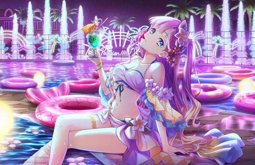 :3 anyoji_hime arm_support bikini blonde_hair blue_bikini blue_eyes blunt_bangs breasts cleavage collarbone crazy_straw cup drinking_glass drinking_straw feet_out_of_frame female flower game_cg garnish gradient_hair hair_flower hair_ornament halterneck heart_straw highres holding holding_cup innertube layered_bikini link!_like!_love_live! long_hair looking_at_viewer love_live! medium_breasts midriff mouth_hold multicolored_hair navel neon_lights night night_sky off-shoulder_bikini off_shoulder official_alternate_costume official_alternate_hairstyle official_art one_side_up passion!!!!!!_(love_live!) pink_flower pink_hair plumeria sitting sky solo star_(sky) starry_sky swept_bangs swim_ring swimsuit third-party_source very_long_hair virtual_youtuber white_bikini wine_glass