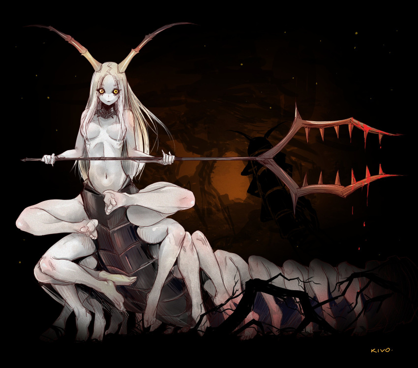 antennae arthropod_girl barefoot bident black_sclera blood blood_on_weapon breasts carapace centipede_girl colored_sclera commentary completely_nude english_commentary extra_legs female gorget grey_hair hair_censor highres holding holding_polearm holding_weapon kivo long_hair looking_at_viewer medium_breasts navel nude original pale_skin polearm ribs solo toes weapon yellow_eyes