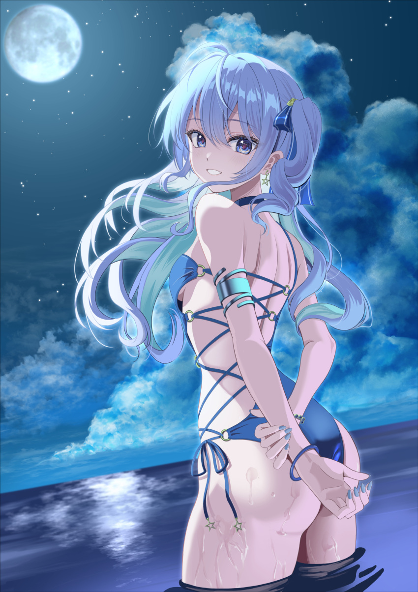 alternate_costume aqua_hair arms_behind_back asymmetrical_sidelocks backless_swimsuit bare_shoulders blue_choker blue_eyes blue_hair blue_nails blue_one-piece_swimsuit blue_ribbon breasts choker clothing_cutout cloud colored_inner_hair commentary_request cumulonimbus_cloud double-parted_bangs earrings female floating_hair from_behind full_moon grin hair_between_eyes hair_ribbon highres holding_own_arm hololive hoshimachi_suisei jewelry kagura_hiromu looking_at_viewer looking_back median_furrow moon multicolored_hair nail_polish night o-ring o-ring_swimsuit ocean one-piece_swimsuit one_side_up outdoors pentagram_earrings ribbon side-tie_one-piece_swimsuit side_cutout single_strap small_breasts smile standing star_(symbol) star_in_eye swimsuit symbol_in_eye underboob virtual_youtuber wading