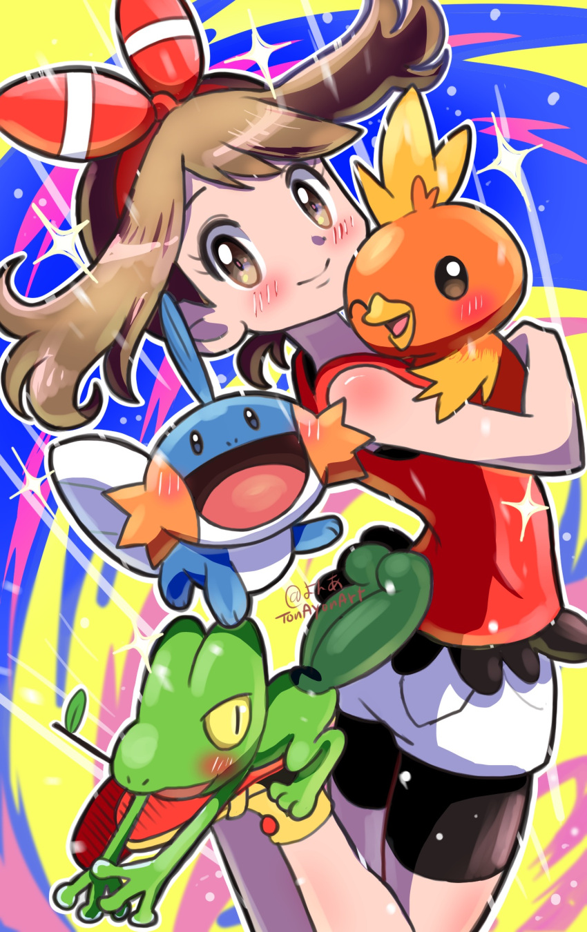 bare_arms bike_shorts bike_shorts_under_shorts blush bow_hairband brown_eyes brown_hair closed_mouth eyelashes female floating_hair hairband highres holding holding_pokemon legs_up looking_at_viewer may_(pokemon) mudkip outline pokemon pokemon_(creature) pokemon_oras red_hairband red_shirt sheyona shirt shoes shorts sleeveless sleeveless_shirt smile sparkle starter_pokemon_trio torchic treecko white_shorts yellow_footwear