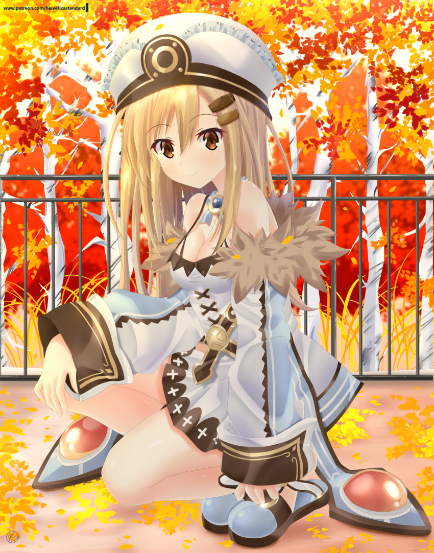 autumn_leaves bare_shoulders blanc_(neptunia) blanc_(neptunia)_(cosplay) blonde_hair blush breasts brown_eyes cleavage commentary cosplay detached_sleeves dress female financier hair_between_eyes hair_ornament hairclip hand_on_own_knee helvetica_std highres kneeling long_sleeves looking_at_viewer medium_breasts medium_hair neptune_(series) outdoors patreon_username railing sidelocks signature sleeveless sleeveless_dress smile solo spaghetti_strap swept_bangs white_dress white_headwear