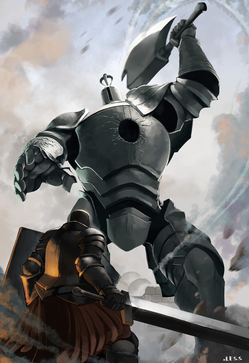 1boy arm_up armor artist_name axe battle breastplate commentary dark_souls_(series) dark_souls_i debris dust english_commentary facing_another feet_out_of_frame fighting_stance from_behind full_armor gauntlets golem greatsword greaves helmet highres holding holding_axe holding_shield holding_sword holding_weapon iron_golem_(dark_souls) iron_tarkus knight less male_focus outdoors pauldrons shield shoulder_armor size_difference standing sword weapon