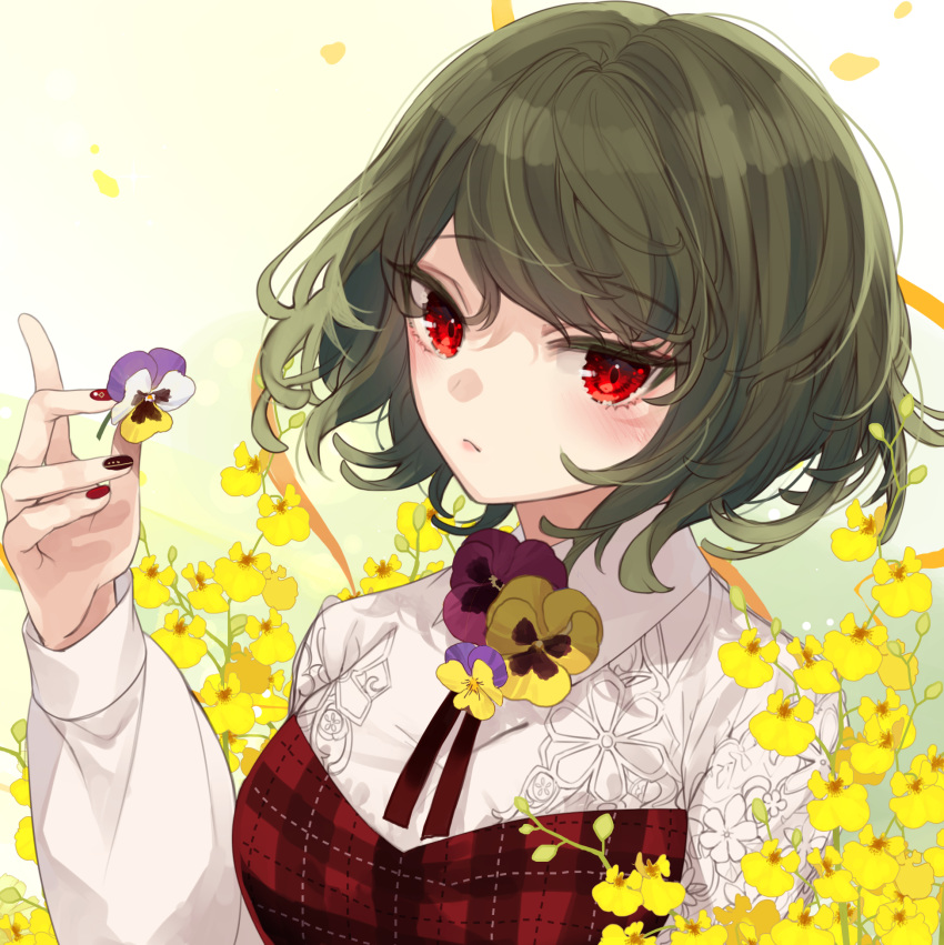 black_nails blush breasts collaboration commentary_request daimaou_ruaeru dress expressionless female flower flower_brooch green_hair hand_up highres holding holding_flower kazami_yuuka large_breasts long_sleeves looking_at_viewer nail_art nail_polish oncidium orchid pansy plaid plaid_dress purple_flower purple_pansy red_dress red_eyes red_nails shirt short_hair solo strapless strapless_dress touhou toutenkou upper_body white_shirt yellow_flower yellow_pansy