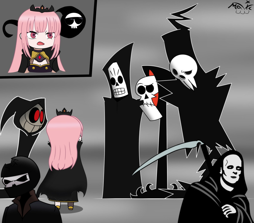 6+boys annoyed bill_&_ted bill_&_ted's_bogus_journey black_eyes breasts character_request cleavage copyright_request crossover death-sensei_(mori_calliope) death_(entity) female grim_(grim_adventures) grim_fandango highres hololive hololive_english long_hair looking_down manuel_calavera maverick_(infamousnoir) mori_calliope mori_calliope_(1st_costume) mr._grimm multiple_boys multiple_crossover pink_eyes pink_hair red_eyes shinigami-sama skeleton soul_eater species_connection the_grim_adventures_of_billy_&_mandy the_seventh_seal tiara toon_(style) trait_connection twisted_metal virtual_youtuber