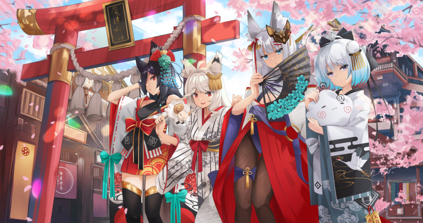 4girls absurdres animal_ears black_hair blue_eyes blue_hair cat_ears cat_girl cherry_blossoms chinese_clothes cloud_horizon colored_tips fox_ears fox_girl grey_eyes highres kamiina_haruhi lily_linglan margaret_(vtuber) multicolored_hair multiple_girls pale_skin red_eyes sheep thighhighs traditional_clothes translation_request ubye virtual_youtuber white_hair wolf_ears wolf_girl zelef