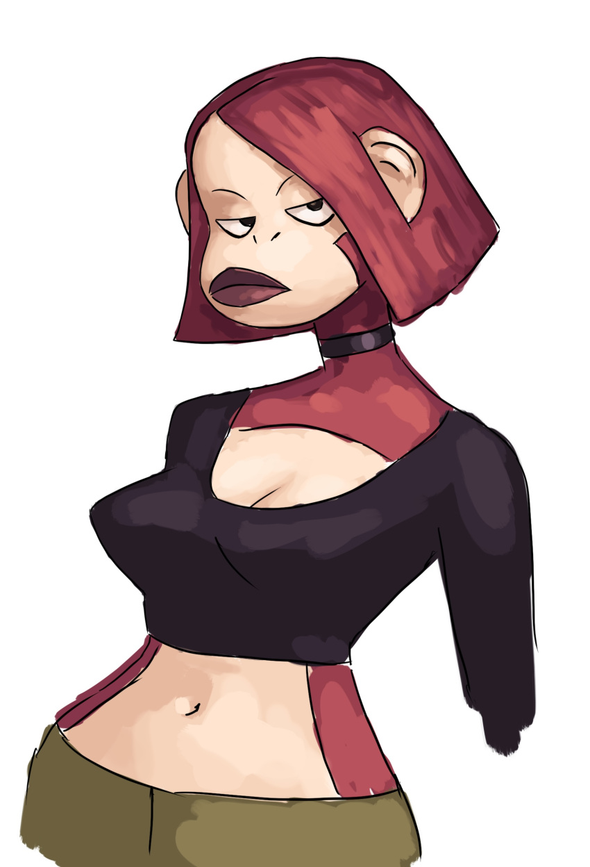 2023 alternate_species anthro bottomwear breasts choker cleavage clone_high clothed clothing crop_top female fur furrification hair haplorhine hi_res jewelry joan_of_arc_(clone_high) lips mammal midriff monkey navel necklace pants primate red_body red_fur red_hair red_lips redustheriotact shirt short_hair simple_background solo topwear white_background