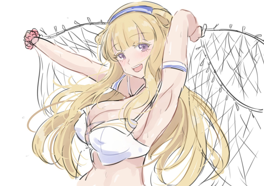 armpits arms_up bikini blonde_hair blue_hairband breasts cargo_net cleavage double_bun et female fletcher_(kancolle) fletcher_(swimsuit_mode)_(kancolle) fletcher_mk_ii_(kancolle) hair_bun hairband highres kantai_collection ken_(shutenndouji1) large_breasts long_hair looking_at_viewer purple_eyes simple_background solo swimsuit white_background white_bikini